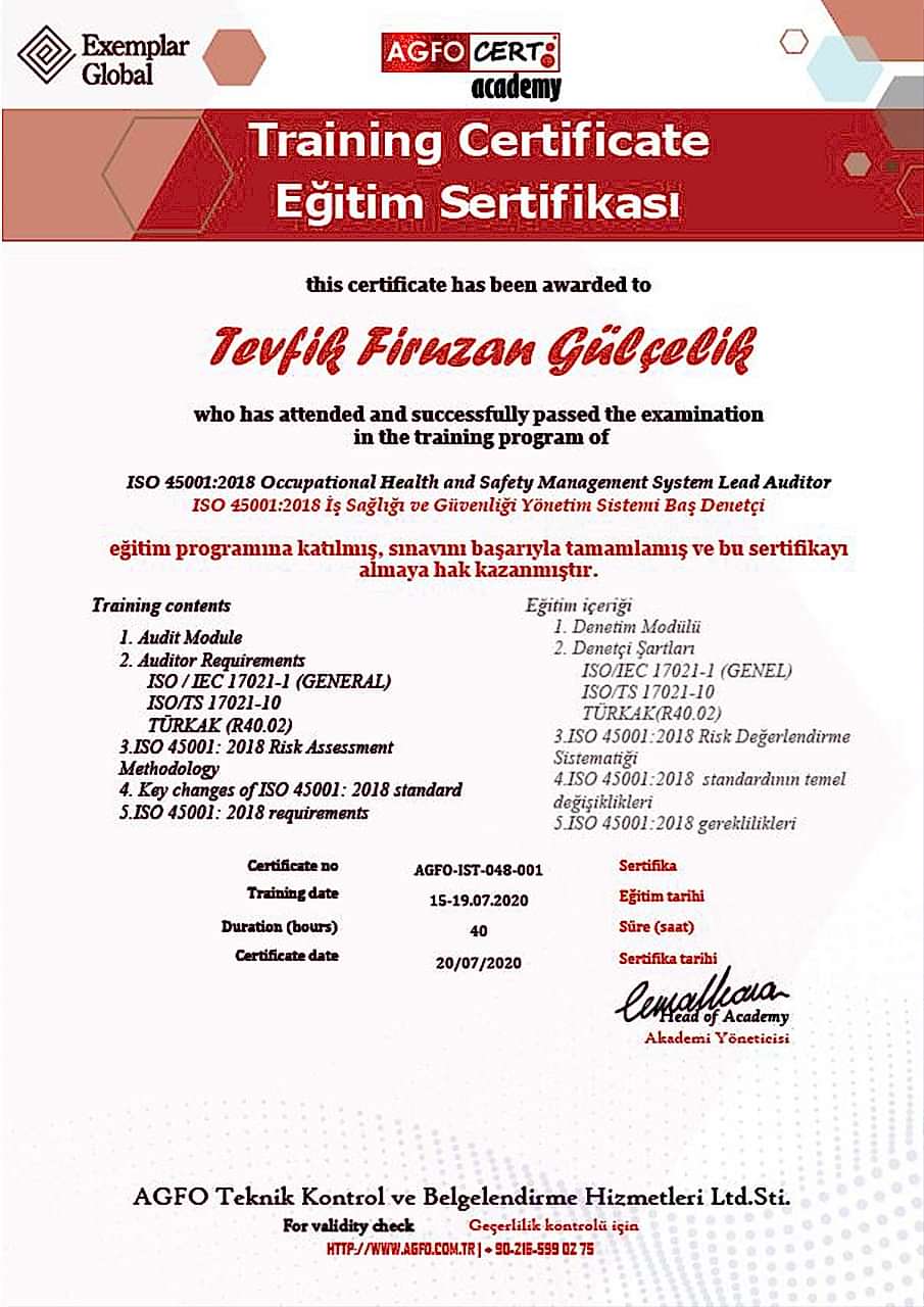 ISO 45001 Baş Denetçi Sertifikası
